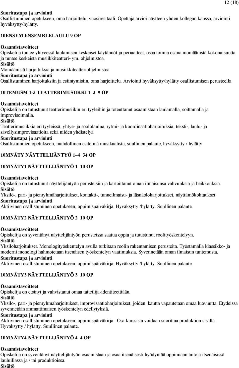 ohjelmistoa. Moniäänisiä harjoituksia ja musiikkiteatteriohjelmistoa Osallistuminen harjoituksiin ja esiintymisiin, oma harjoittelu.