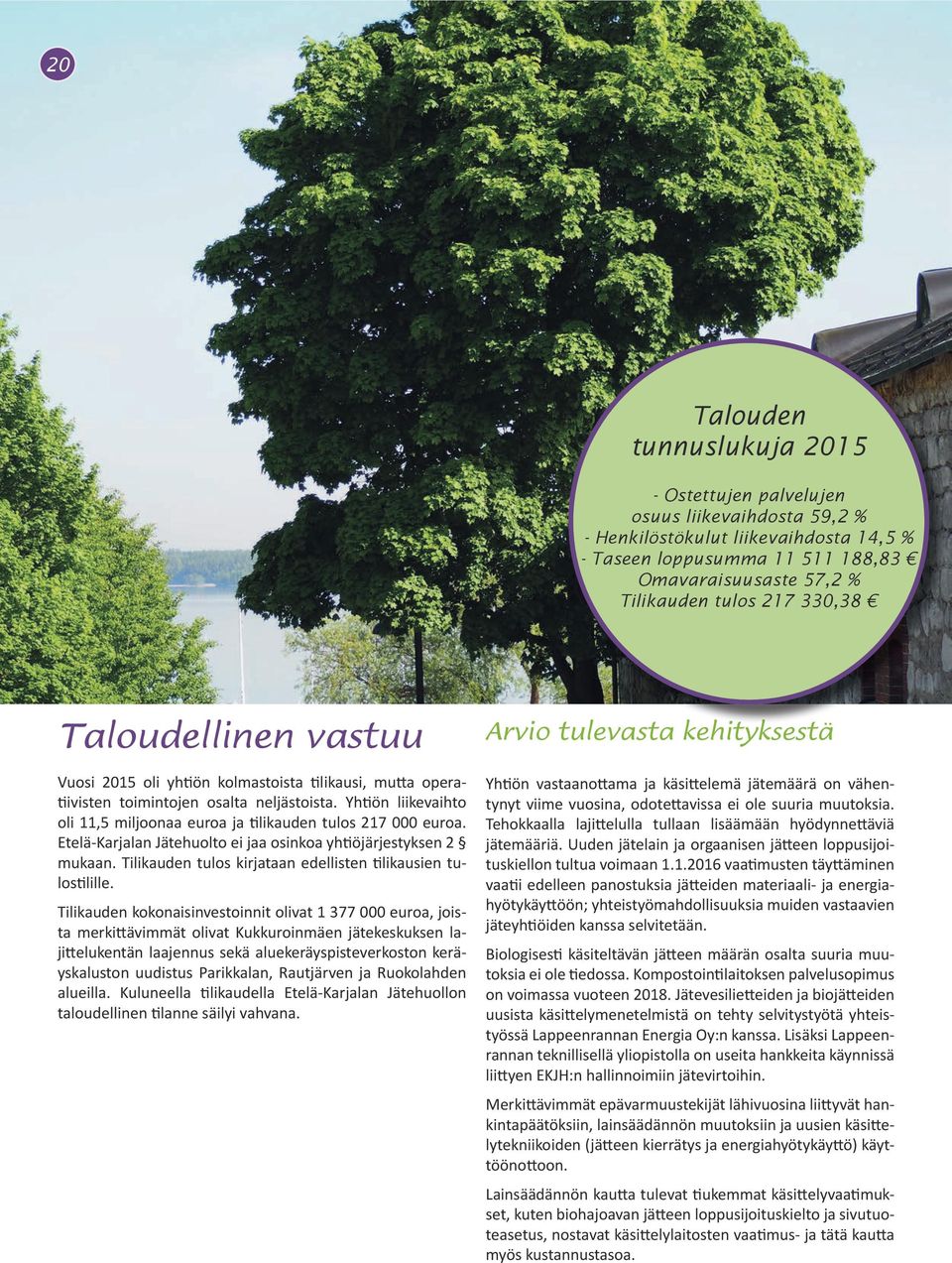 Yhtiön liikevaihto oli 11,5 miljoonaa euroa ja tilikauden tulos 217 000 euroa. Etelä-Karjalan Jätehuolto ei jaa osinkoa yhtiöjärjestyksen 2 mukaan.