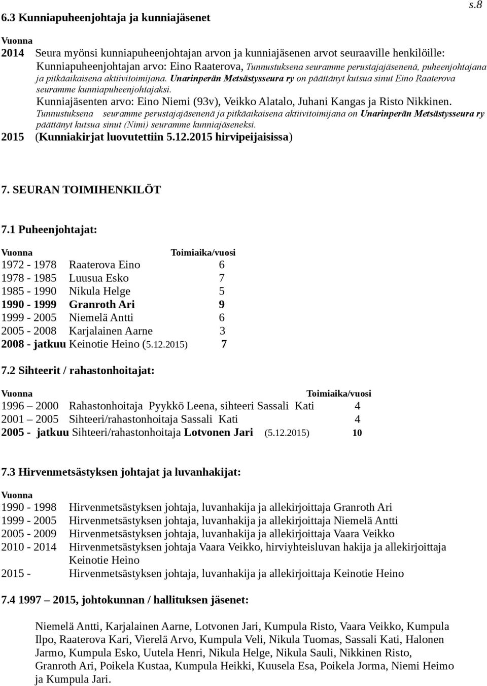 seuramme perustajajäsenenä, puheenjohtajana ja pitkäaikaisena aktiivitoimijana. Unarinperän Metsästysseura ry on päättänyt kutsua sinut Eino Raaterova seuramme kunniapuheenjohtajaksi.