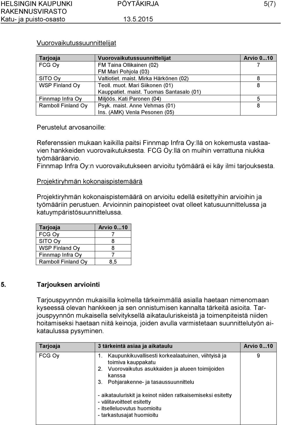 (AMK) Venla Pesen (05) Referenssien mukaan paitsi Finnmap Infra Oy:llä kokemusta vastaavien hankkeiden vuorovaikutuksesta. FCG Oy:llä muihin verrattuna niukka työmääräarvio.