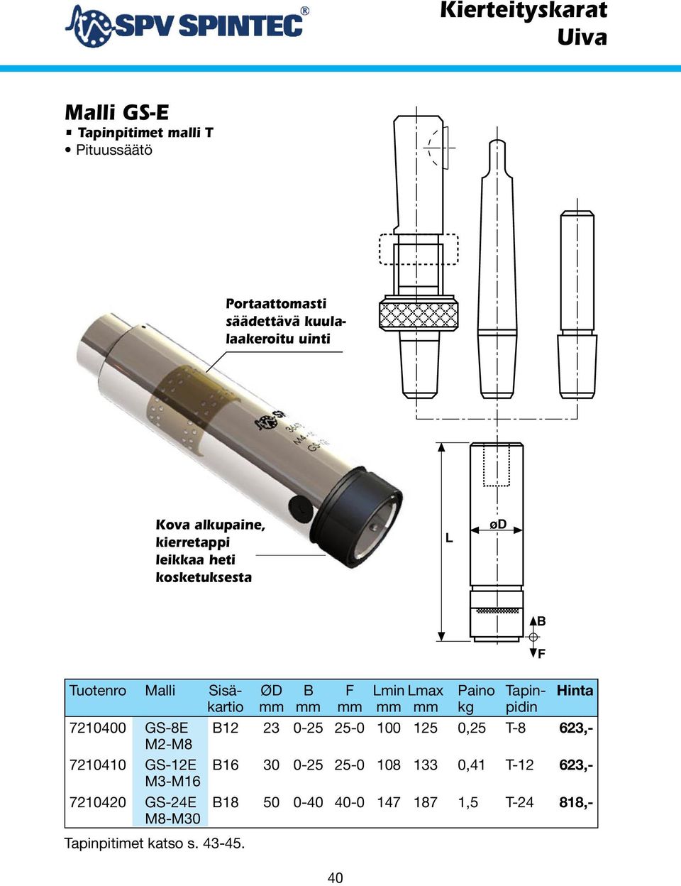 kg pidin 7210400 GS-8E B12 23 0-25 25-0 100 125 0,25 T-8 623,- M2-M8 7210410 GS-12E B16 30 0-25 25-0 108 133 0,41