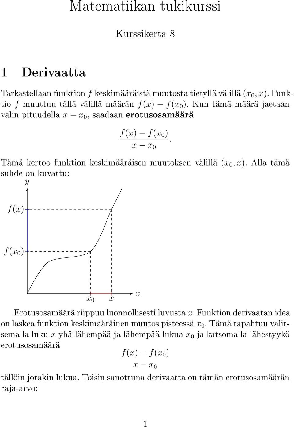 Alla tämä suhde on kuvattu: y f() f( 0 ) 0 Erotusosamäärä riippuu luonnollisesti luvusta.