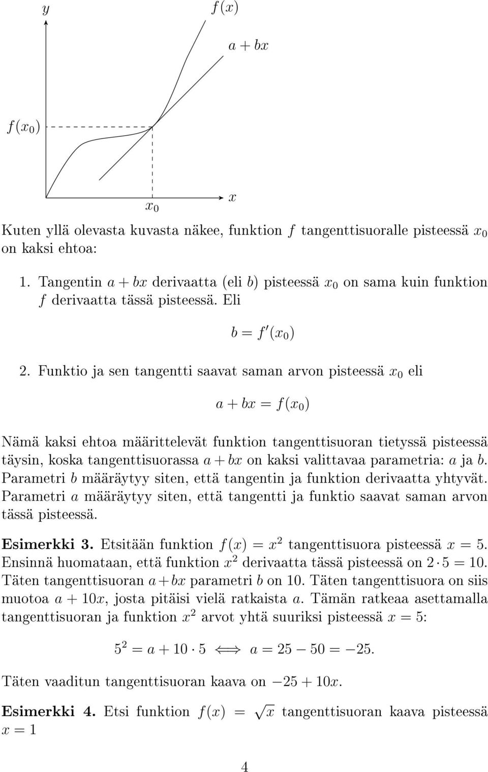 Funktio ja sen tangentti saavat saman arvon pisteessä 0 eli a + b = f( 0 ) Nämä kaksi ehtoa määrittelevät funktion tangenttisuoran tietyssä pisteessä täysin, koska tangenttisuorassa a + b on kaksi