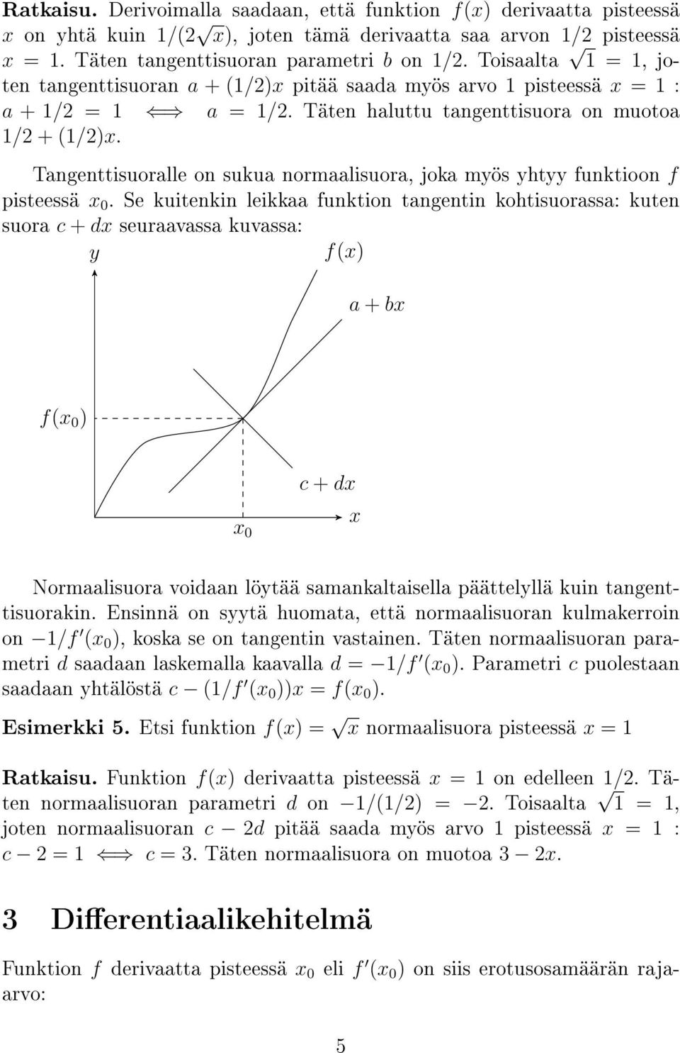 Tangenttisuoralle on sukua normaalisuora, joka myös yhtyy funktioon f pisteessä 0.