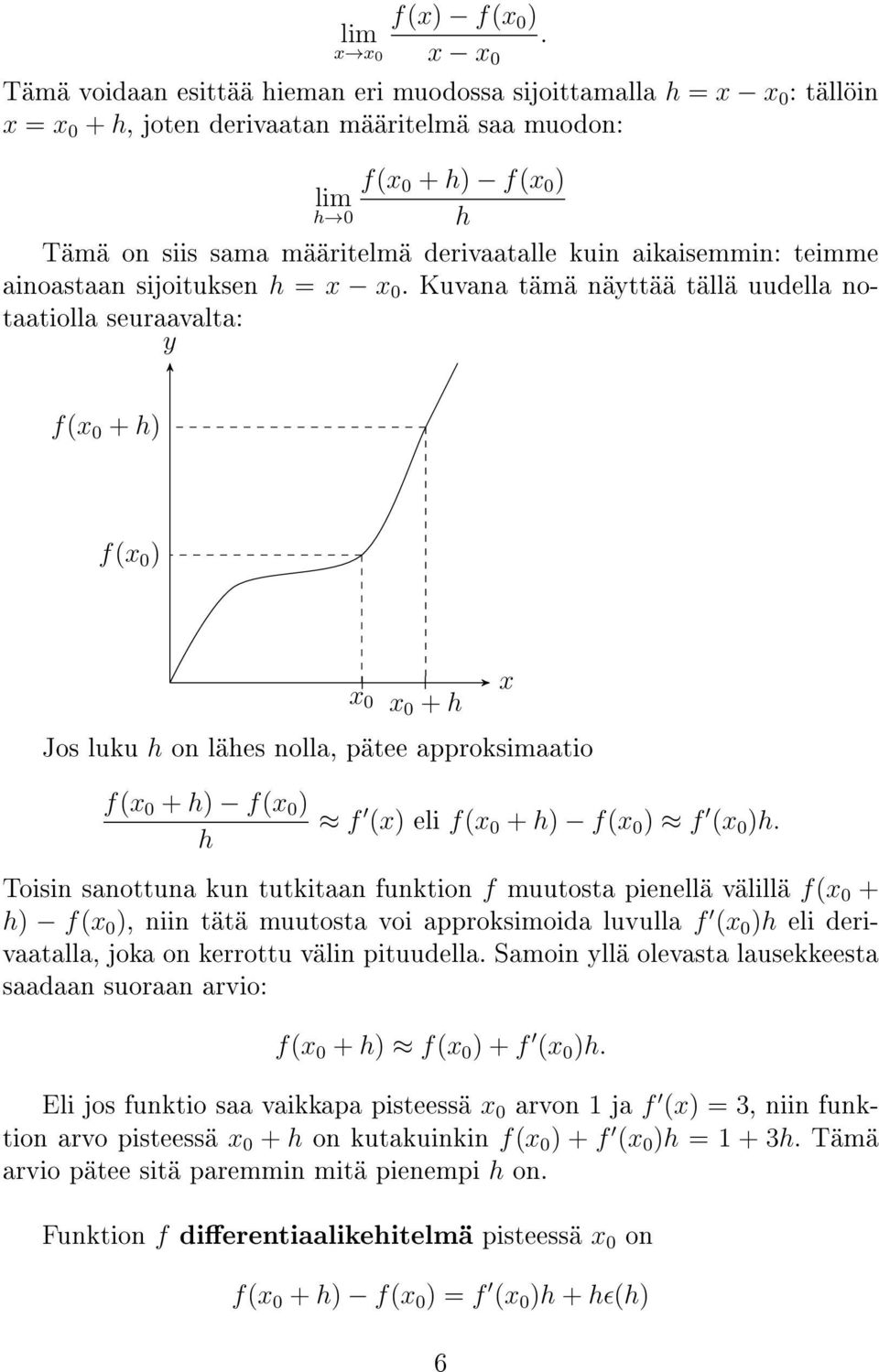 Kuvana tämä näyttää tällä uudella notaatiolla seuraavalta: y f( 0 + h) f( 0 ) 0 0 + h Jos luku h on lähes nolla, pätee approksimaatio f( 0 + h) f( 0 ) h f () eli f( 0 + h) f( 0 ) f ( 0 )h.