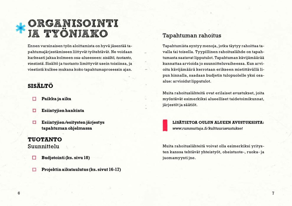 SISÄLTÖ Paikka ja aika Esiintyjien hankinta Tapahtuman rahoitus Tapahtumista syntyy menoja, jotka täytyy rahoittaa tavalla tai toisella. Tyypillinen rahoituslähde on tapahtumasta saatavat lipputulot.