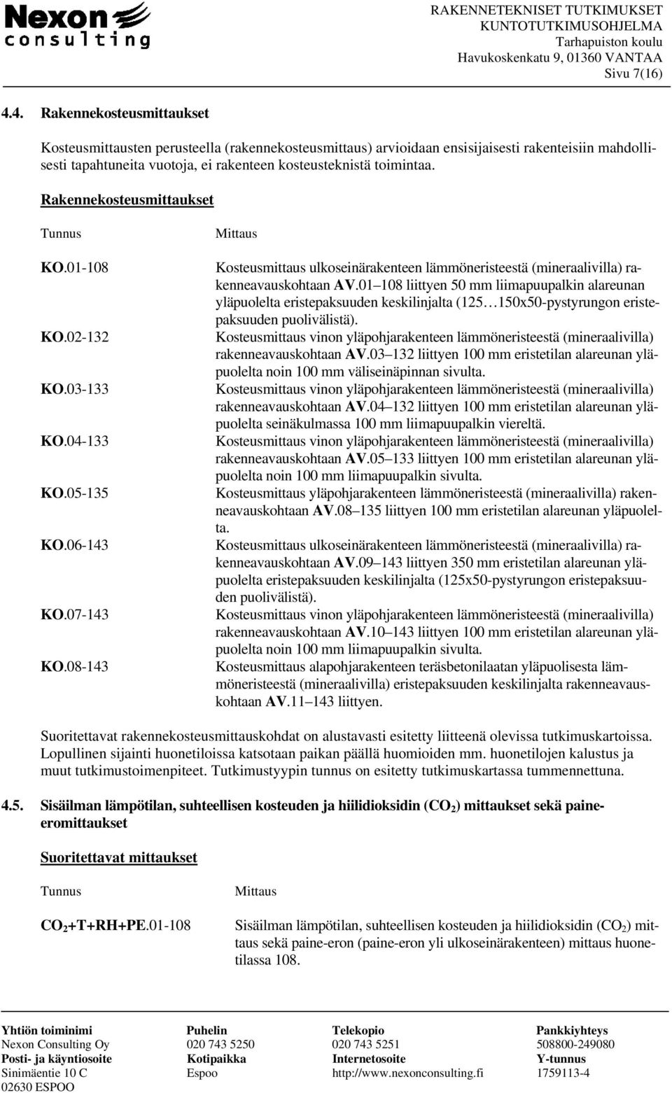 Rakennekosteusmittaukset Tunnus KO.01-108 KO.02-132 KO.03-133 KO.04-133 KO.05-135 KO.06-143 KO.07-143 KO.