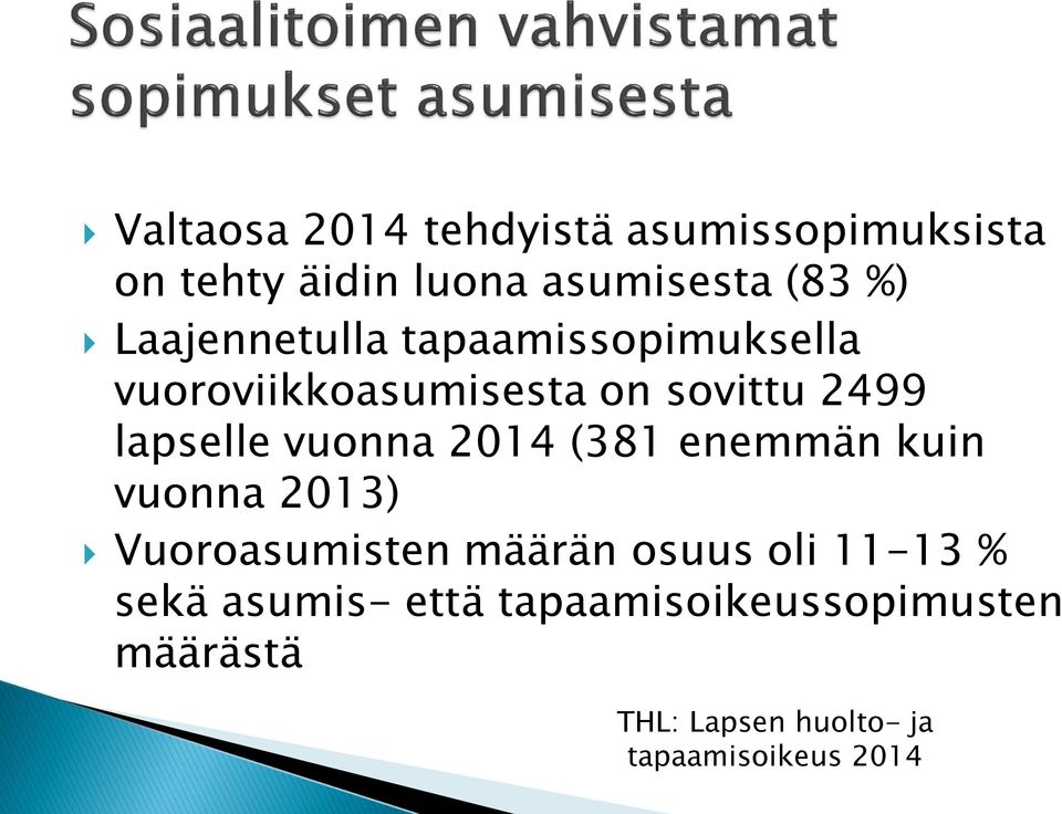 vuonna 2014 (381 enemmän kuin vuonna 2013) Vuoroasumisten määrän osuus oli 11-13 %