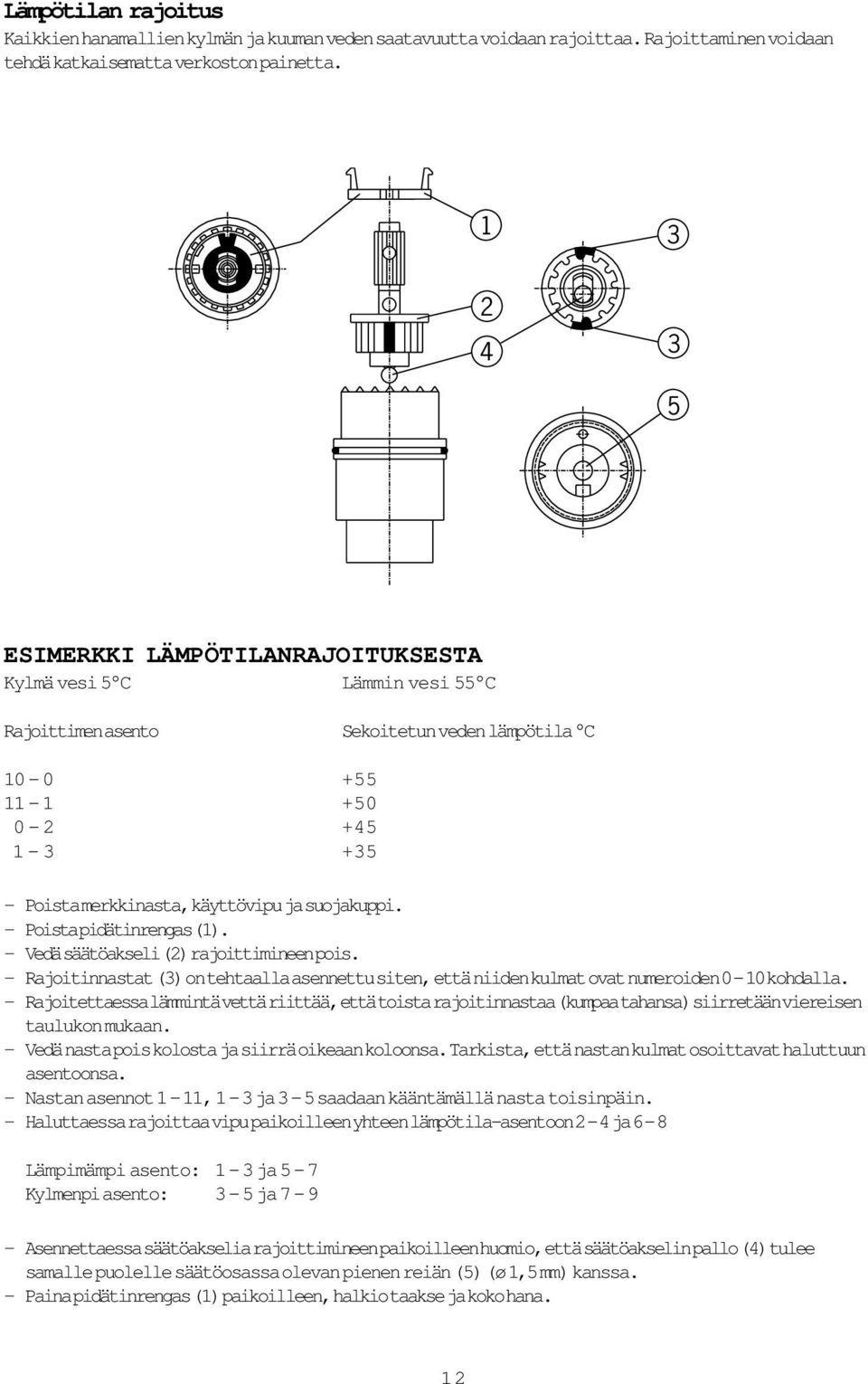 Poista pidätinrengas (). Vedä säätöakseli () rajoittimineen pois. Rajoitinnastat () on tehtaalla asennettu siten, että niiden kulmat ovat numeroiden 0-0 kohdalla.