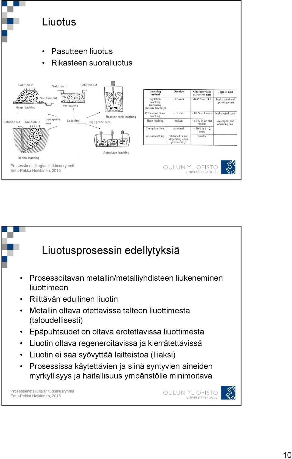Epäpuhtaudet on oltava erotettavissa liuottimesta Liuotin oltava regeneroitavissa ja kierrätettävissä Liuotin ei saa