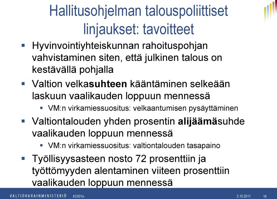 pysäyttäminen Valtiontalouden yhden prosentin alijäämäsuhde vaalikauden loppuun mennessä VM:n virkamiessuositus: valtiontalouden tasapaino