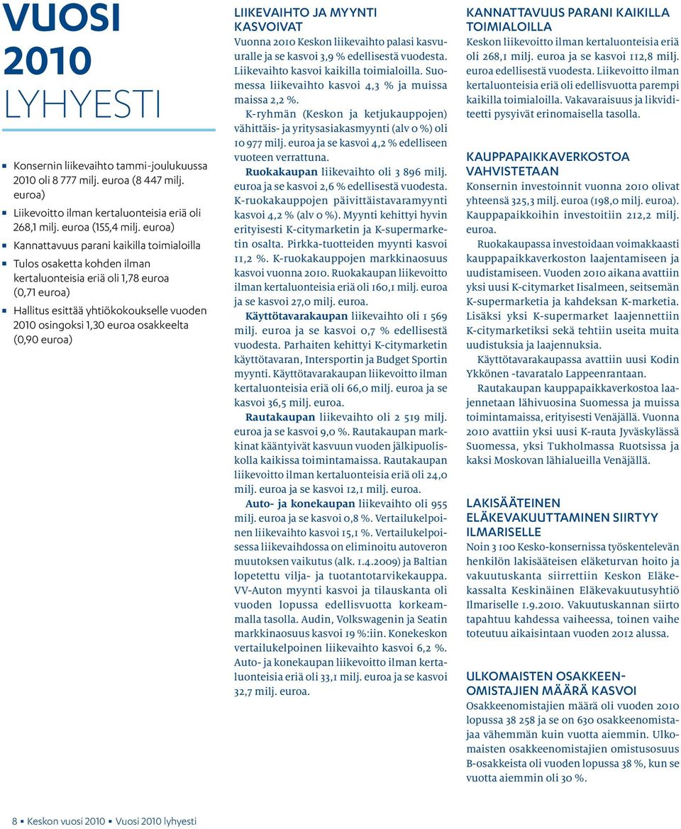 osakkeelta (0,90 euroa) Liikevaihto ja myynti kasvoivat Vuonna 2010 Keskon liikevaihto palasi kasvuuralle ja se kasvoi 3,9 % edellisestä vuodesta. Liikevaihto kasvoi kaikilla toimialoilla.