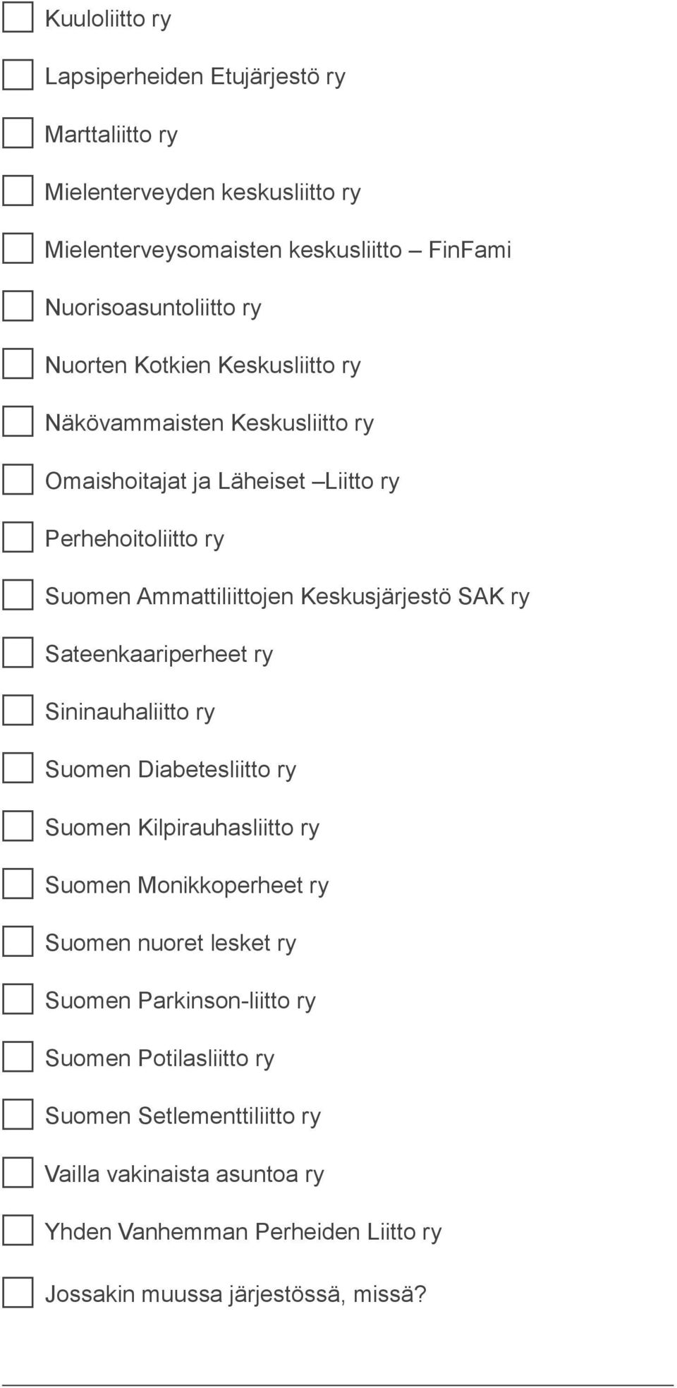 c Sateenkaariperheet ry c Sininauhaliitto ry c Suomen Diabetesliitto ry c Suomen Kilpirauhasliitto ry c Suomen Monikkoperheet ry c Suomen nuoret lesket ry c Suomen