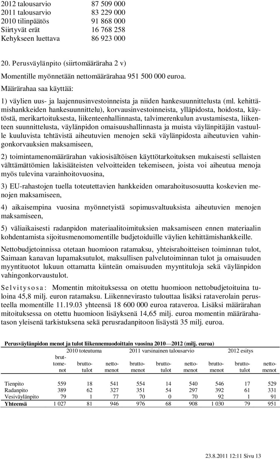 kehittämishankkeiden hankesuunnittelu), korvausinvestoinneista, ylläpidosta, hoidosta, käytöstä, merikartoituksesta, liikenteenhallinnasta, talvimerenkulun avustamisesta, liikenteen suunnittelusta,