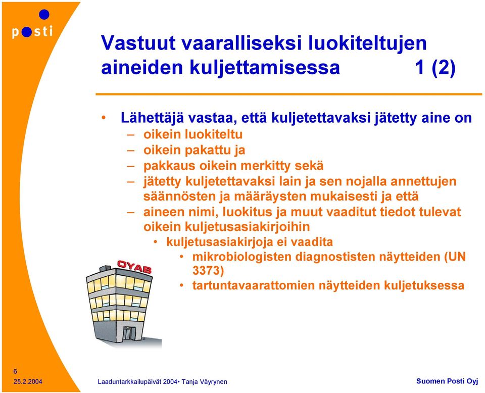 säännösten ja määräysten mukaisesti ja että aineen nimi, luokitus ja muut vaaditut tiedot tulevat oikein