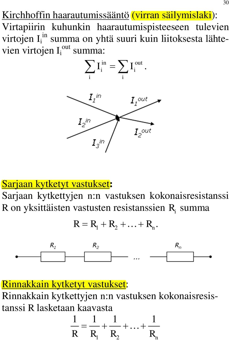 i i 30 Sarjaan kytketyt vastukset: Sarjaan kytkettyjen n:n vastuksen kokonaisresistanssi R on yksittäisten vastusten