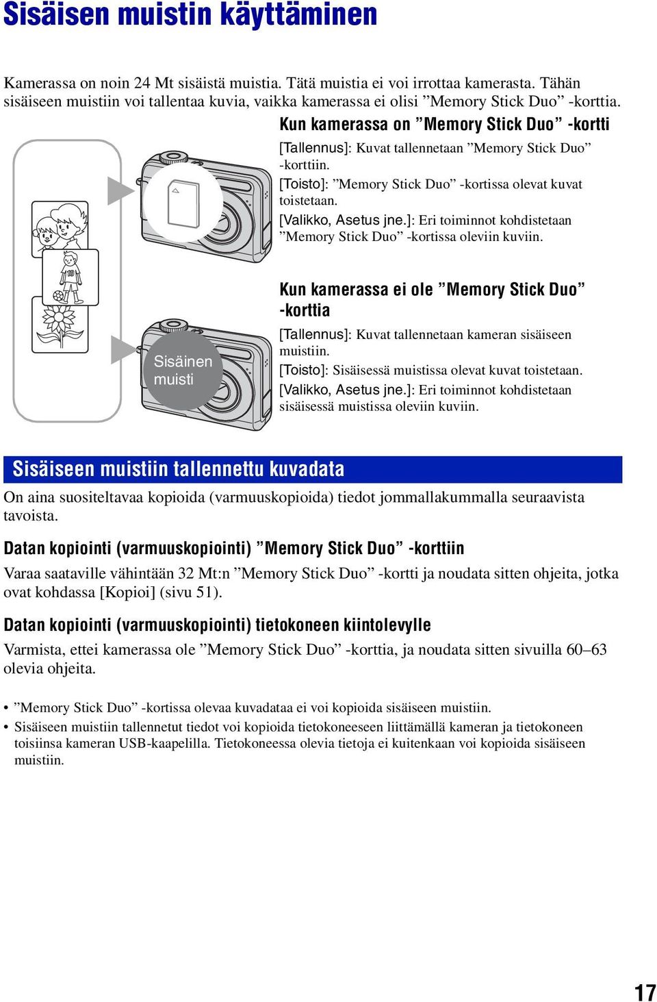 [Toisto]: Memory Stick Duo -kortissa olevat kuvat B toistetaan. [Valikko, Asetus jne.]: Eri toiminnot kohdistetaan Memory Stick Duo -kortissa oleviin kuviin.