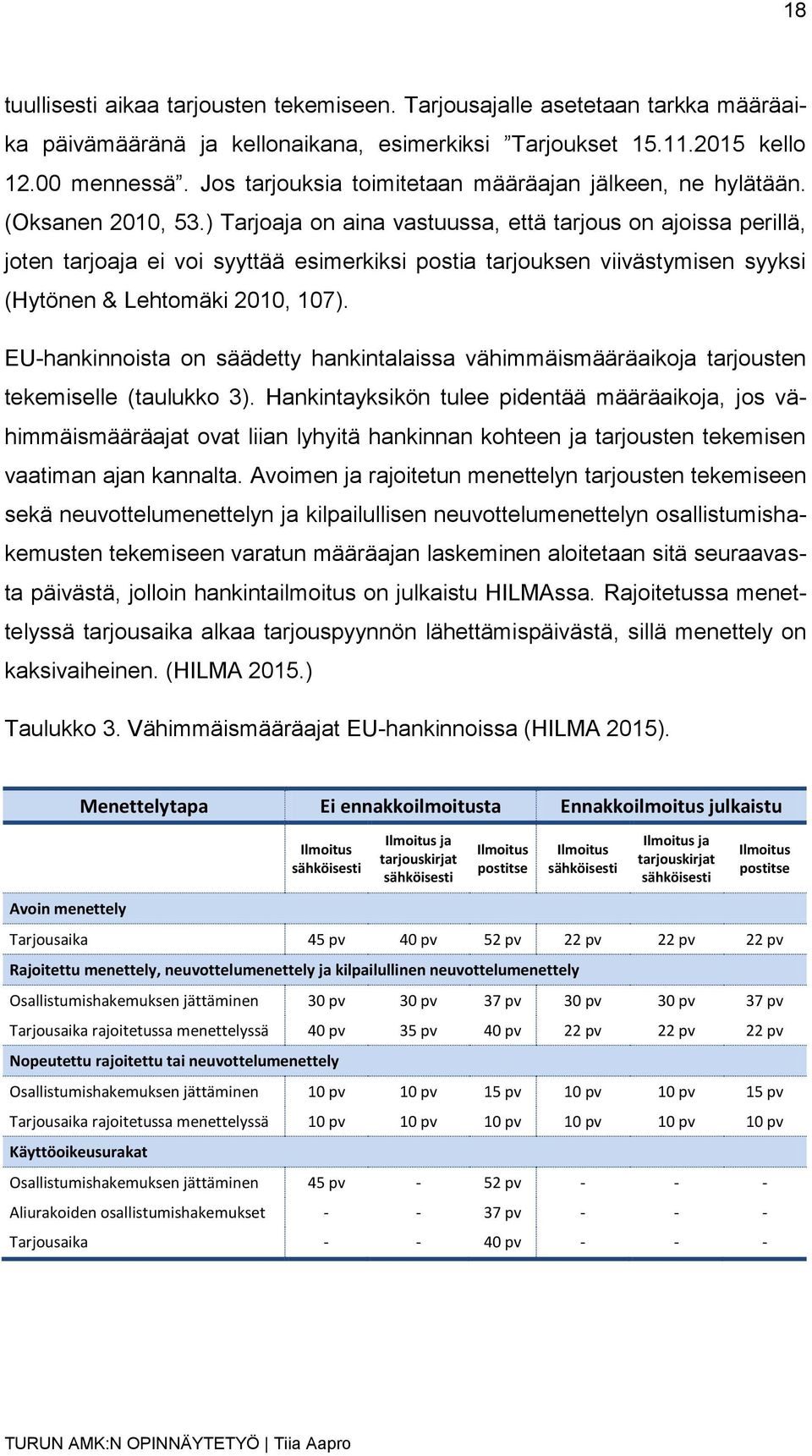 ) Tarjoaja on aina vastuussa, että tarjous on ajoissa perillä, joten tarjoaja ei voi syyttää esimerkiksi postia tarjouksen viivästymisen syyksi (Hytönen & Lehtomäki 2010, 107).