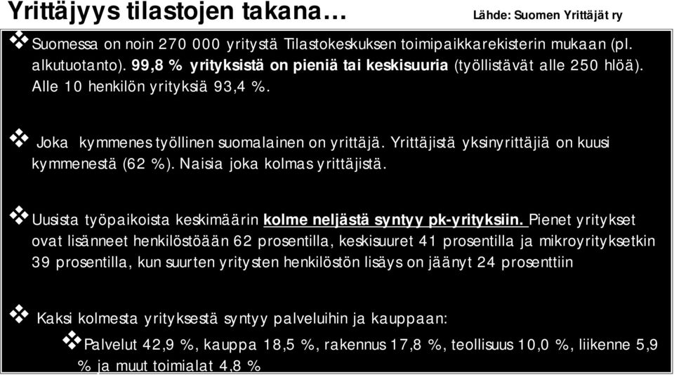 Yrittäjistä yksinyrittäjiä on kuusi kymmenestä (62 %). Naisia joka kolmas yrittäjistä. Uusista työpaikoista keskimäärin kolme neljästä syntyy pk-yrityksiin.