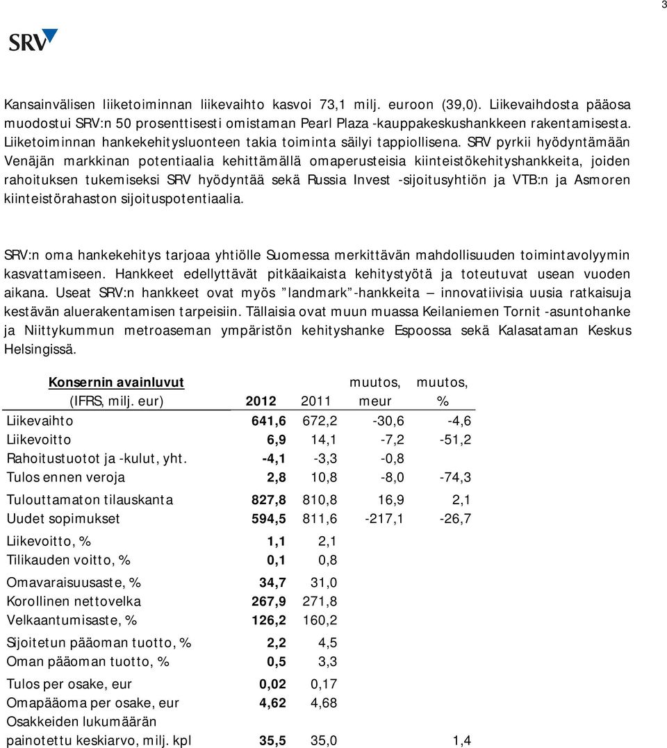 SRV pyrkii hyödyntämään Venäjän markkinan potentiaalia kehittämällä omaperusteisia kiinteistökehityshankkeita, joiden rahoituksen tukemiseksi SRV hyödyntää sekä Russia Invest -sijoitusyhtiön ja VTB:n