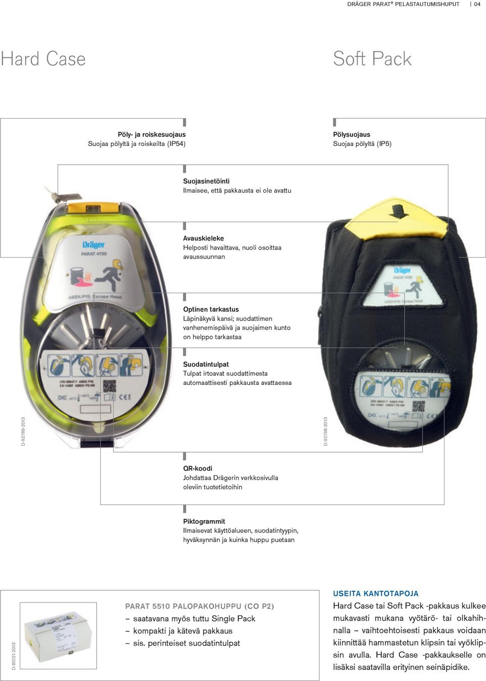 irtoavat suodattimesta automaattisesti pakkausta avattaessa D-92789-2013 D-92768-2013 QR-koodi Johdattaa Drägerin verkkosivulla oleviin tuotetietoihin Piktogrammit Ilmaisevat käyttöalueen,