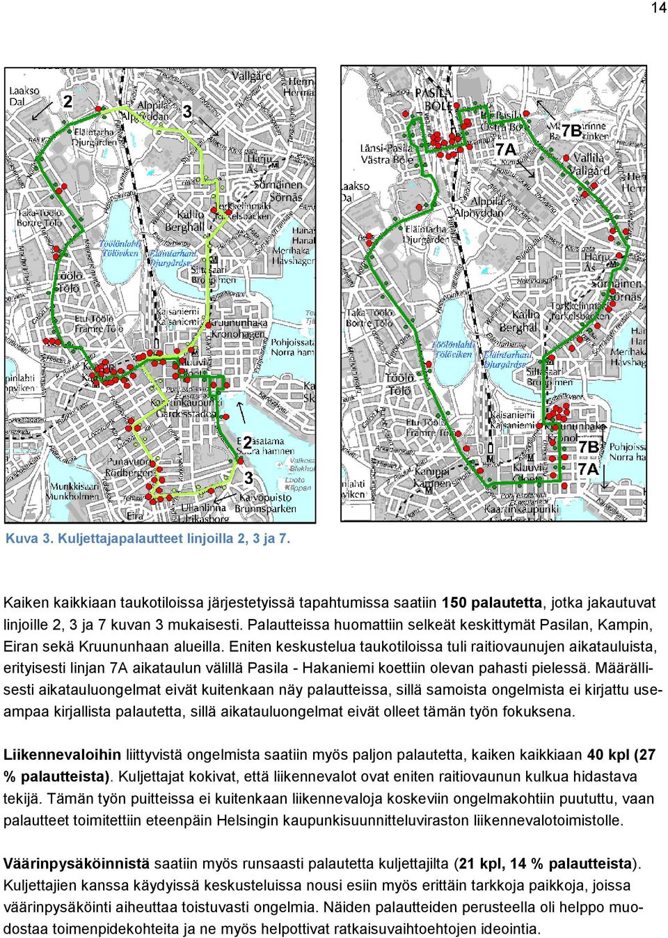 Eniten keskustelua taukotiloissa tuli raitiovaunujen aikatauluista, erityisesti linjan 7A aikataulun välillä Pasila - Hakaniemi koettiin olevan pahasti pielessä.