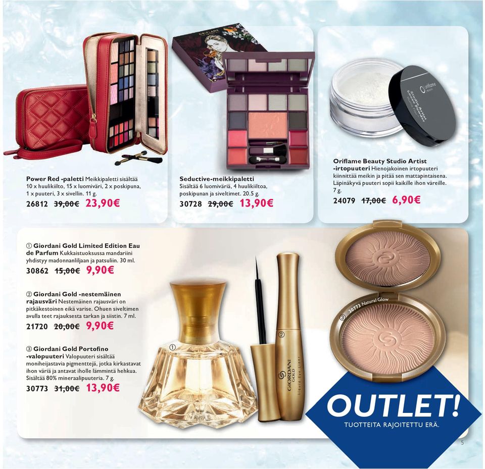 30728 29,00 13,90 Oriflame Beauty Studio Artist -irtopuuteri Hienojakoinen irtopuuteri kiinnittää meikin ja pitää sen mattapintaisena. Läpinäkyvä puuteri sopii kaikille ihon väreille. 7 g.