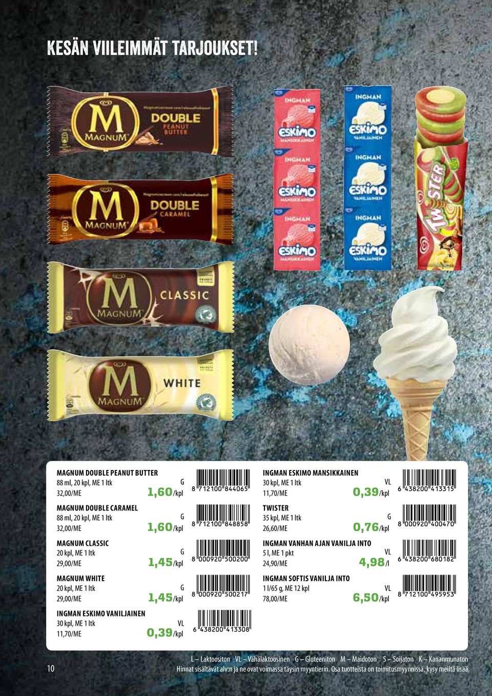 29,00/ME MAGNUM WHITE 20 kpl, ME 1 ltk 29,00/ME INGMAN ESKIMO VANIJAINEN 30 kpl, ME 1 ltk 11,70/ME G 1,60 G 1,45 G 1,45 V 0,39 INGMAN ESKIMO MANSIKKAINEN