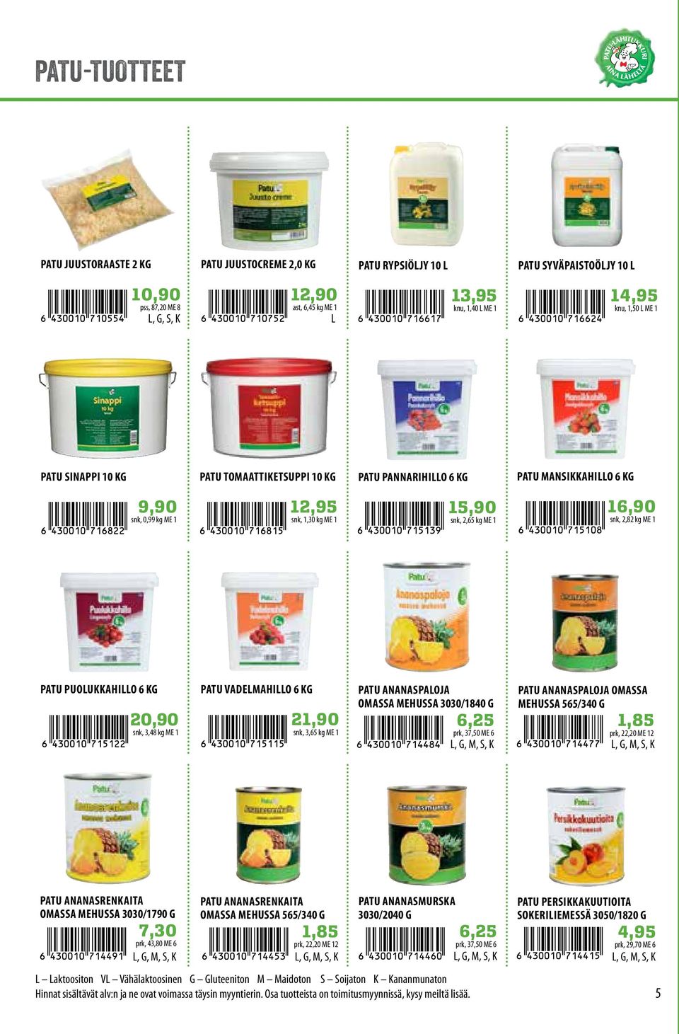 PUOUKKAHIO 6 KG 20,90 snk, 3,48 kg ME 1 PATU VADEMAHIO 6 KG 21,90 snk, 3,65 kg ME 1 PATU ANANASPAOJA OMASSA MEHUSSA 3030/1840 G 6,25 prk, 37,50 ME 6 PATU ANANASPAOJA OMASSA MEHUSSA 565/340 G 1,85