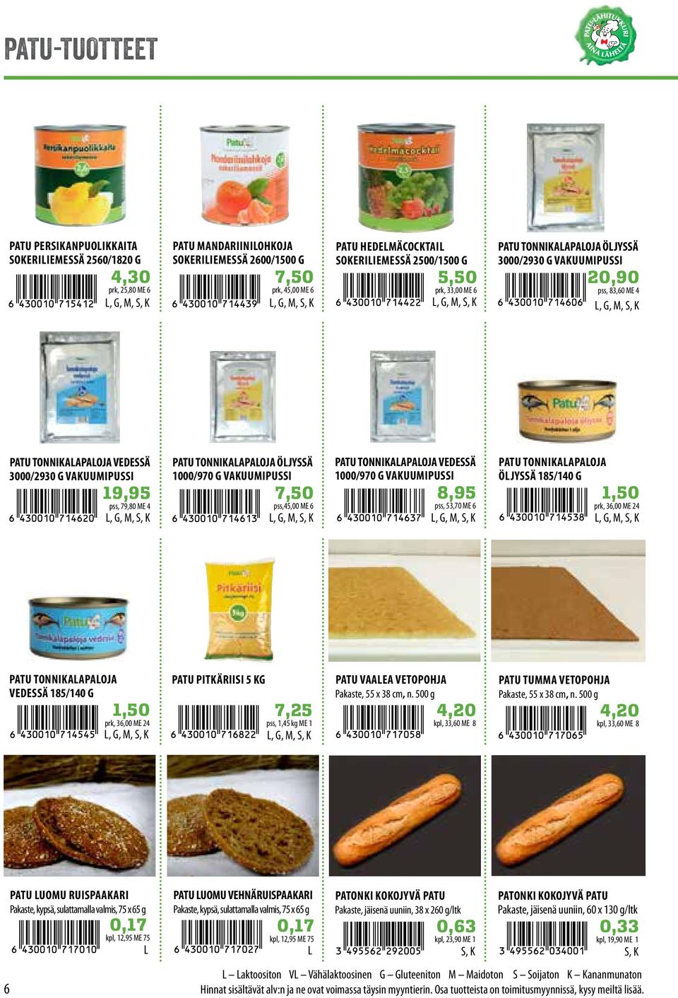 1000/970 G VAKUUMIPUSSI 7,50 pss,45,00 ME 6 PATU TONNIKAAPAOJA VEDESSÄ 1000/970 G VAKUUMIPUSSI 8,95 pss, 53,70 ME 6 PATU TONNIKAAPAOJA ÖJYSSÄ 185/140 G 1,50 prk, 36,00 ME 24 PATU TONNIKAAPAOJA