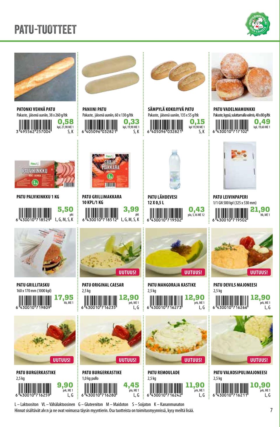 GRIIMAKKARA 10 KP/1 KG 3,99 pkt PATU ÄHDEVESI 12 X 0,5 0,43 plo, 5,16 ME 12 PATU EIVINPAPERI 1/1 GN 500 kpl (325 x 530 mm) 21,90 ltk, ME 1 UUTUUS!