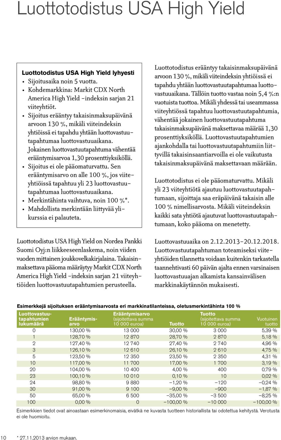 Jokainen luottovastuutapahtuma vähentää erääntymisarvoa 1,30 prosenttiyksiköllä. Sijoitus ei ole pääomaturvattu.