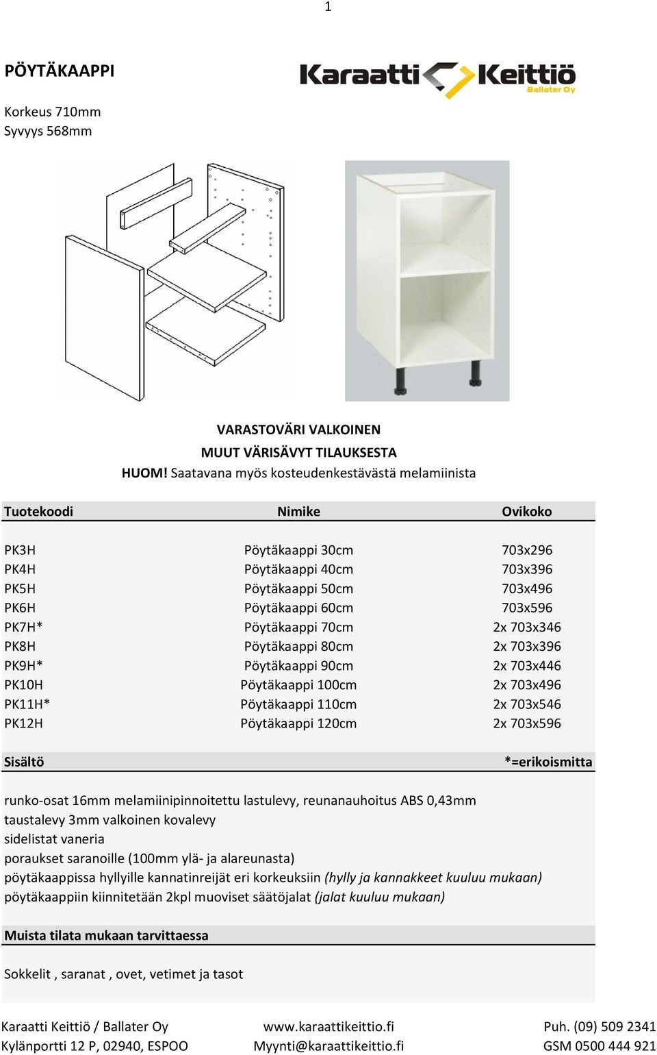 Pöytäkaappi 60cm 703x596 PK7H* Pöytäkaappi 70cm 2x 703x346 PK8H Pöytäkaappi 80cm 2x 703x396 PK9H* PK10H PK11H* PK12H Pöytäkaappi 90cm Pöytäkaappi 100cm Pöytäkaappi 110cm