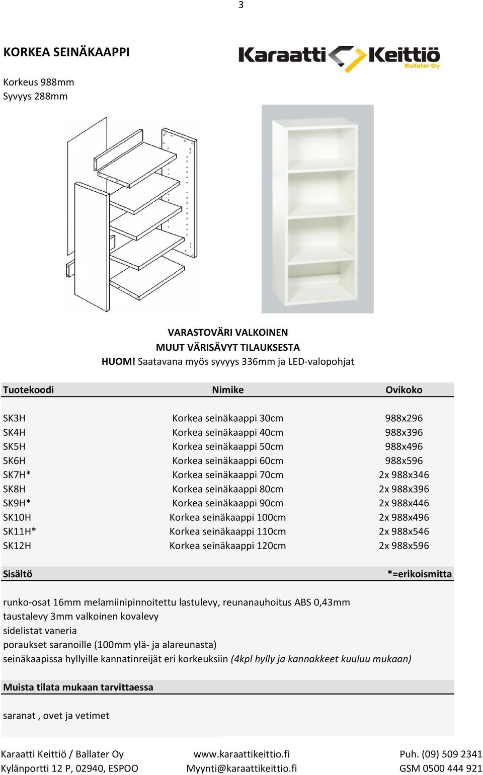 988x496 SK6H Korkea seinäkaappi 60cm 988x596 SK7H* Korkea seinäkaappi 70cm 2x 988x346 SK8H Korkea seinäkaappi 80cm 2x 988x396 SK9H* Korkea seinäkaappi 90cm 2x 988x446 SK10H