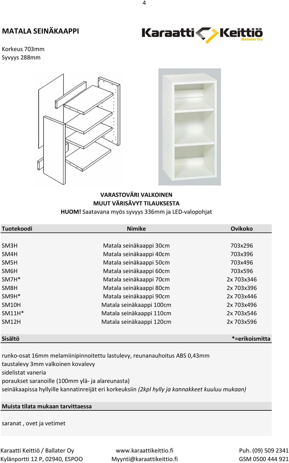 Matala seinäkaappi 60cm 703x396 703x496 703x596 SM7H* Matala seinäkaappi 70cm 2x 703x346 SM8H Matala seinäkaappi 80cm 2x 703x396 SM9H* Matala seinäkaappi 90cm 2x 703x446 SM10H