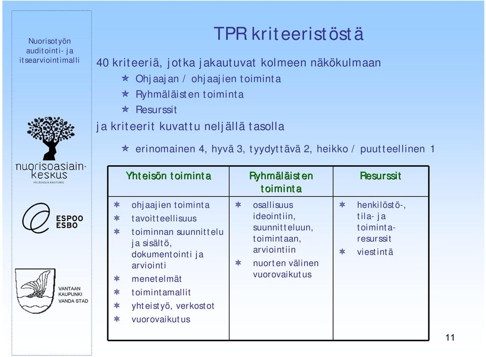 ohjaajien toiminta tavoitteellisuus toiminnan suunnittelu ja sisältö, dokumentointi ja arviointi menetelmät toimintamallit yhteistyö, verkostot