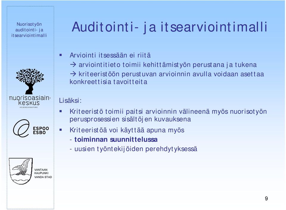 Lisäksi: Kriteeristö toimii paitsi arvioinnin välineenä myös nuorisotyön perusprosessien