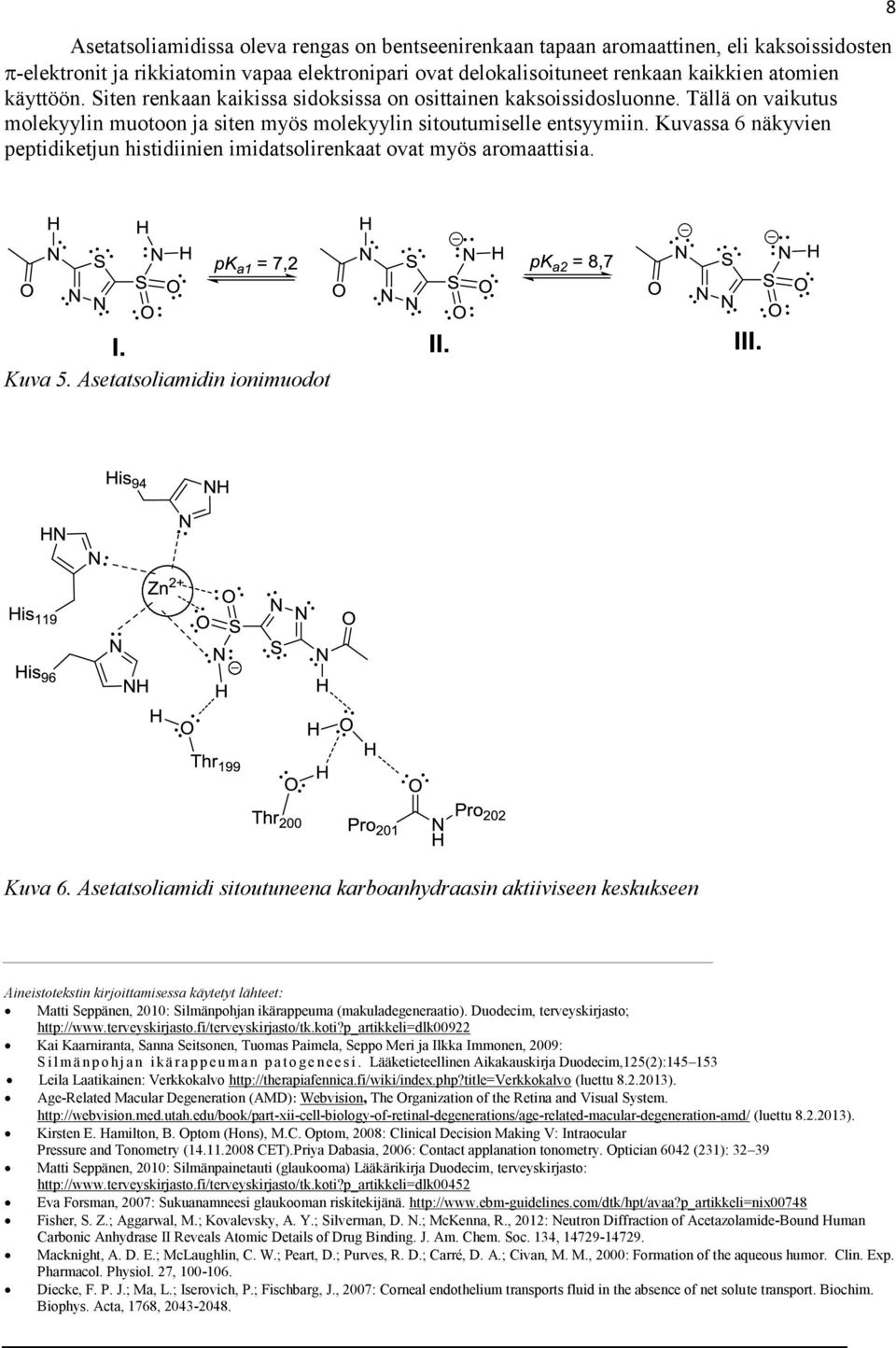 Kuvassa 6 näkyvien peptidiketjun histidiinien imidatsolirenkaat ovat myös aromaattisia. 8 Kuva 5. Asetatsoliamidin ionimuodot Kuva 6.