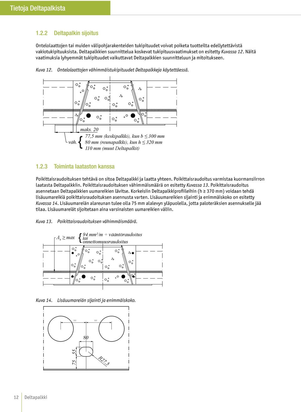 Ontelolaattojen vähimmäistukipituudet Deltapalkkeja käytettäessä. maks. 20 77,5 mm (keskipalkki), kun b 300 mm väh. { 80 mm (reunapalkki), kun h 320 mm 110 mm (muut Deltapalkit) 1.2.3 Toiminta laataston kanssa Poikittaisraudoituksen tehtävä on sitoa Deltapalkki ja laatta yhteen.