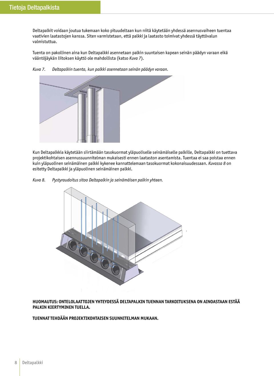 Tuenta on pakollinen aina kun Deltapalkki asennetaan palkin suuntaisen kapean seinän päädyn varaan eikä vääntöjäykän liitoksen käyttö ole mahdollista (katso Kuva 7)