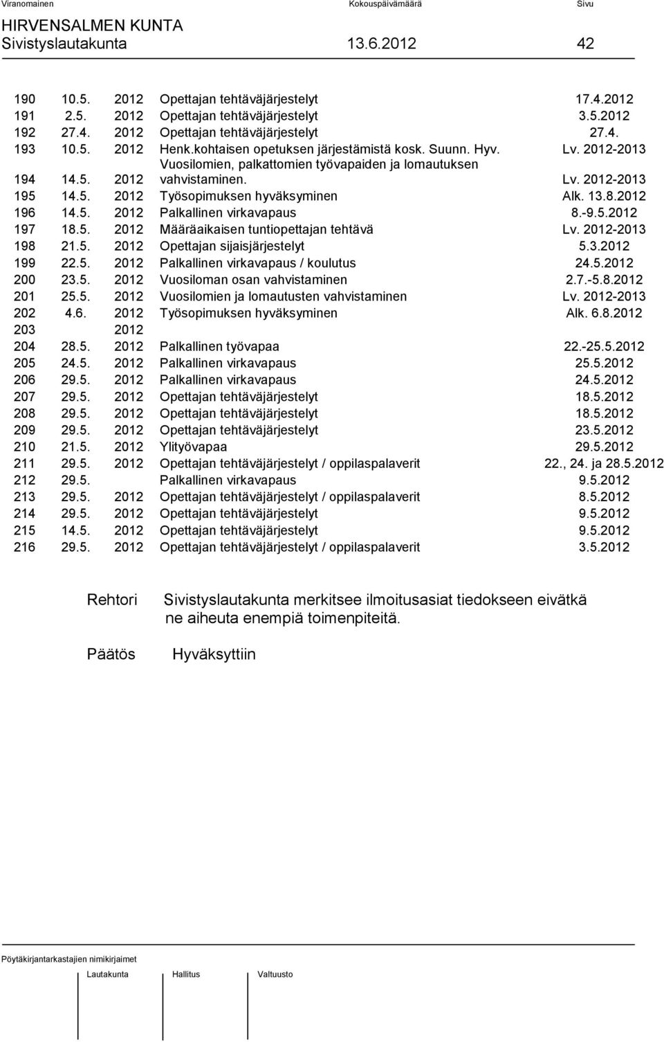 13.8.2012 196 14.5. 2012 Palkallinen virkavapaus 8.-9.5.2012 197 18.5. 2012 Määräaikaisen tuntiopettajan tehtävä Lv. 2012-2013 198 21.5. 2012 Opettajan sijaisjärjestelyt 5.3.2012 199 22.5. 2012 Palkallinen virkavapaus / koulutus 24.