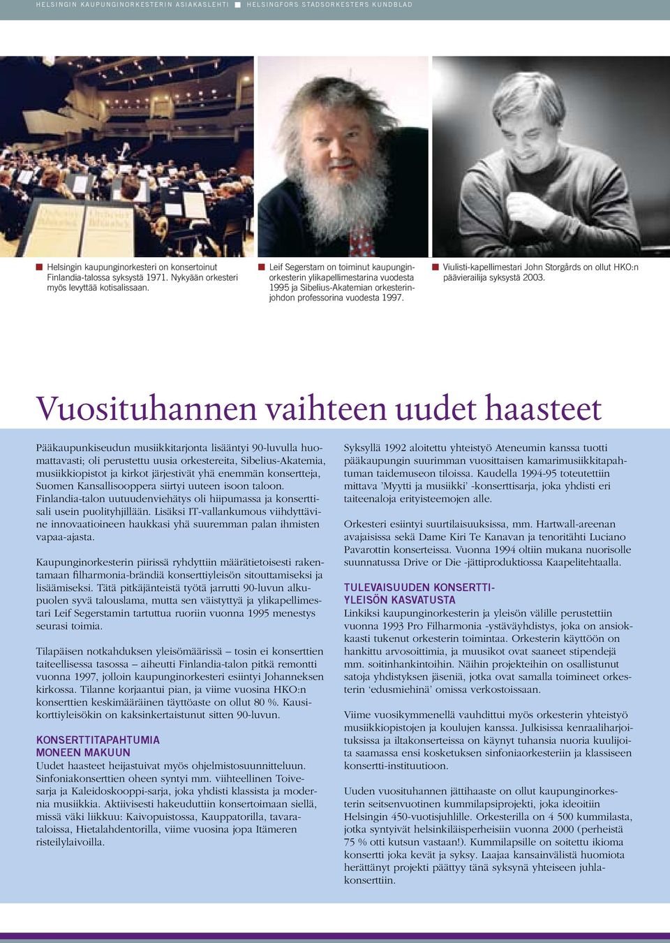 Leif Segerstam on toiminut kaupunginorkesterin ylikapellimestarina vuodesta 1995 ja Sibelius-Akatemian orkesterinjohdon professorina vuodesta 1997.
