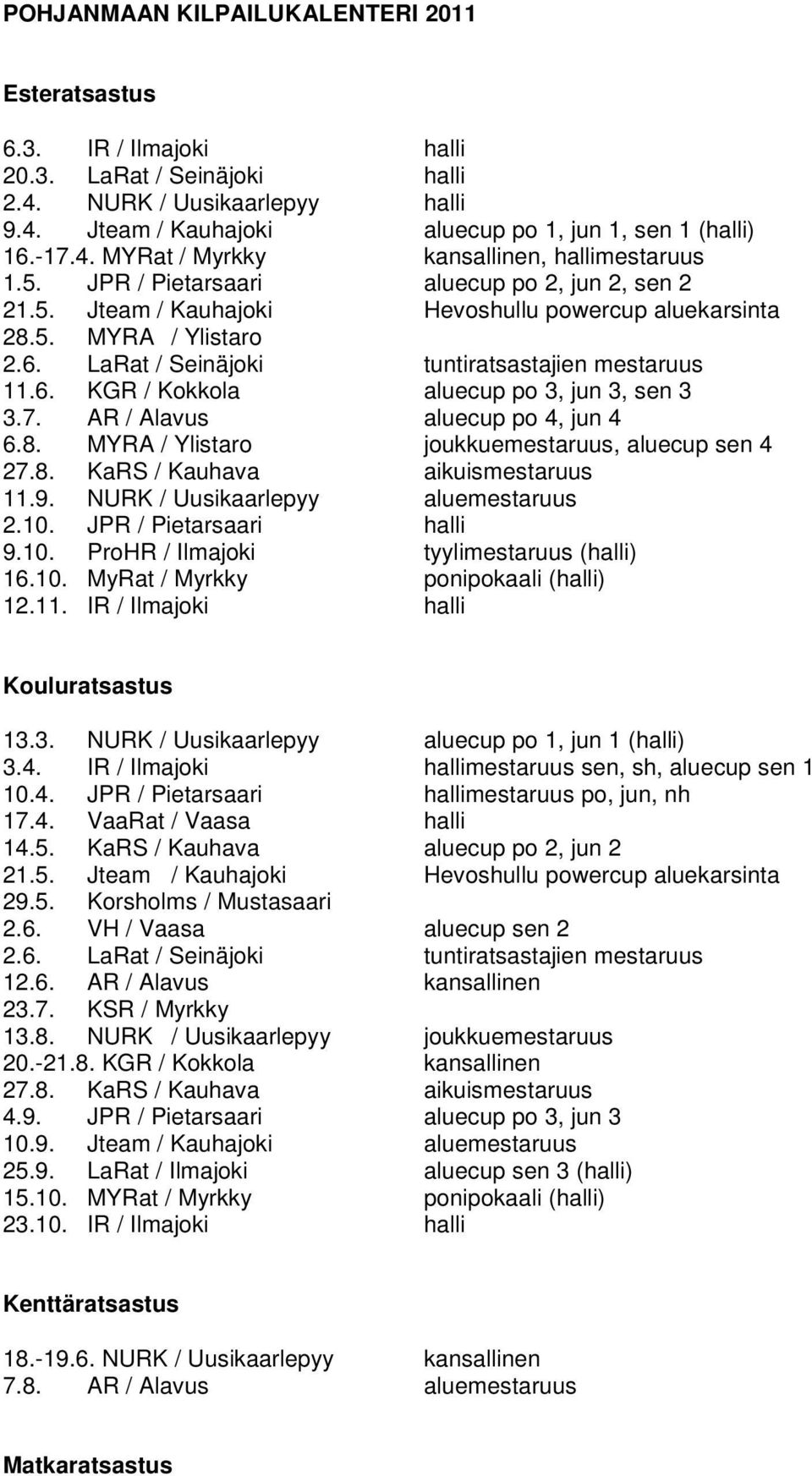 LaRat / Seinäjoki tuntiratsastajien mestaruus 11.6. KGR / Kokkola aluecup po 3, jun 3, sen 3 3.7. AR / Alavus aluecup po 4, jun 4 6.8. MYRA / Ylistaro joukkuemestaruus, aluecup sen 4 27.8. KaRS / Kauhava aikuismestaruus 11.