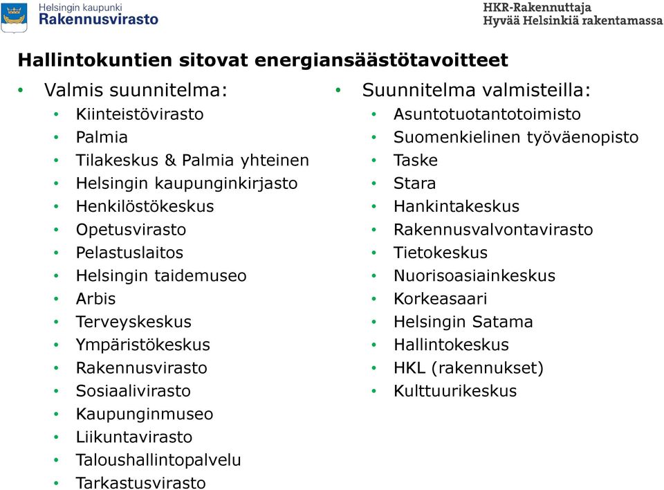 Sosiaalivirasto Kaupunginmuseo Liikuntavirasto Taloushallintopalvelu Tarkastusvirasto Suunnitelma valmisteilla: Asuntotuotantotoimisto