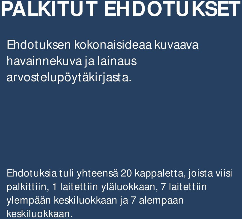 Ehdotuksia tuli yhteensä 20 kappaletta, joista viisi