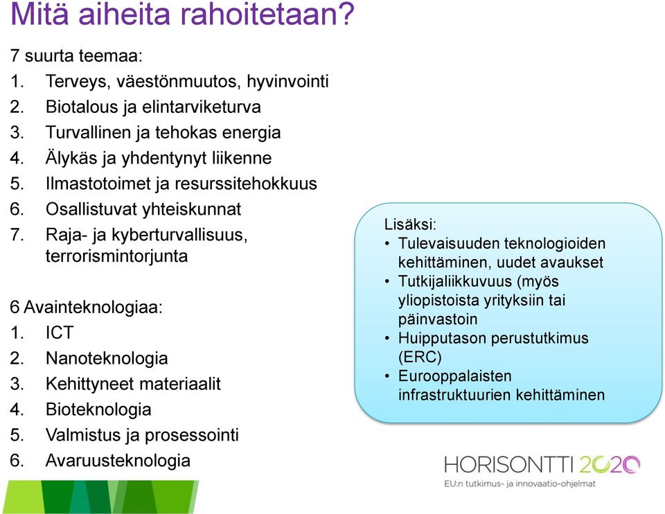 Raja- ja kyberturvallisuus, terrorismintorjunta 6 Avainteknologiaa: 1. ICT 2. Nanoteknologia 3. Kehittyneet materiaalit 4. Bioteknologia 5.