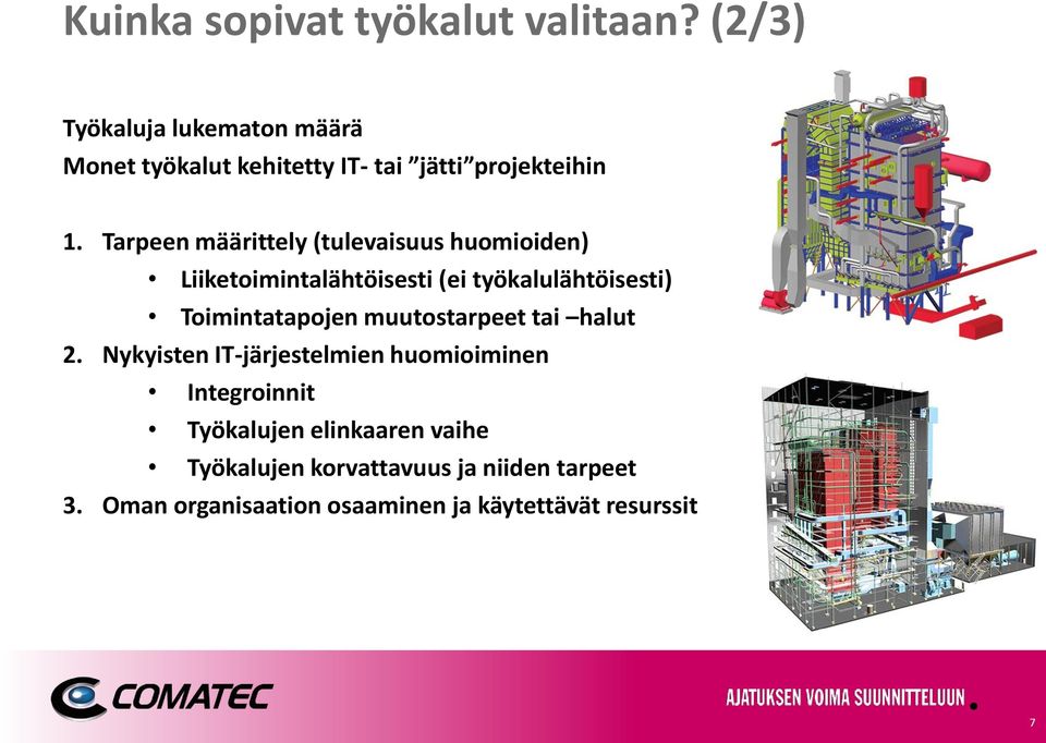 Tarpeen määrittely (tulevaisuus huomioiden) Liiketoimintalähtöisesti (ei työkalulähtöisesti) Toimintatapojen