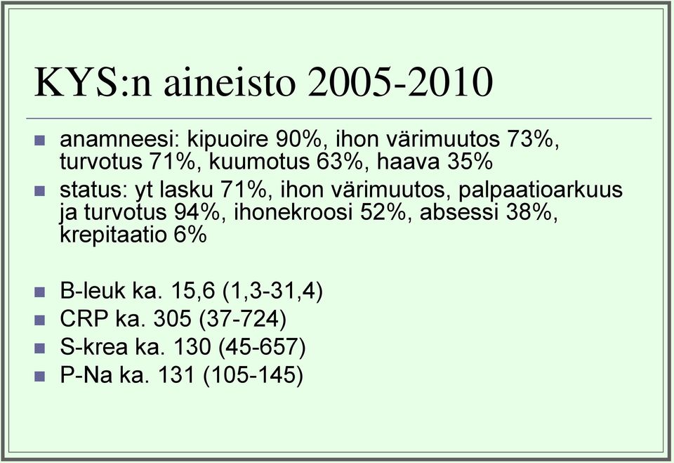 palpaatioarkuus ja turvotus 94%, ihonekroosi 52%, absessi 38%, krepitaatio 6%