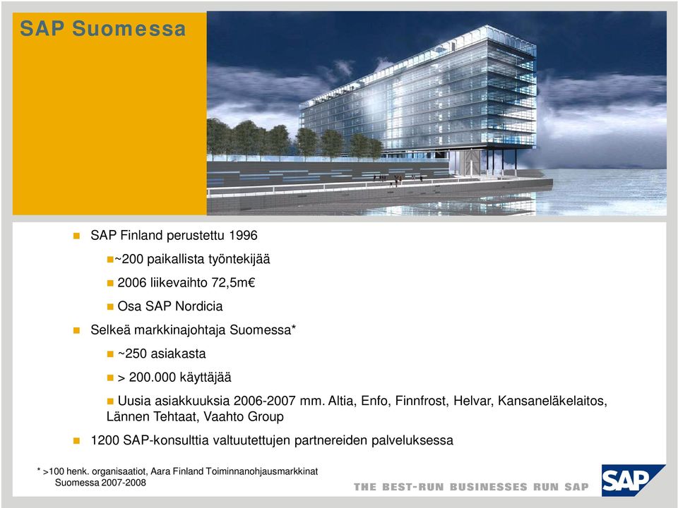 Altia, Enfo, Finnfrost, Helvar, Kansaneläkelaitos, Lännen Tehtaat, Vaahto Group 1200 SAP-konsulttia