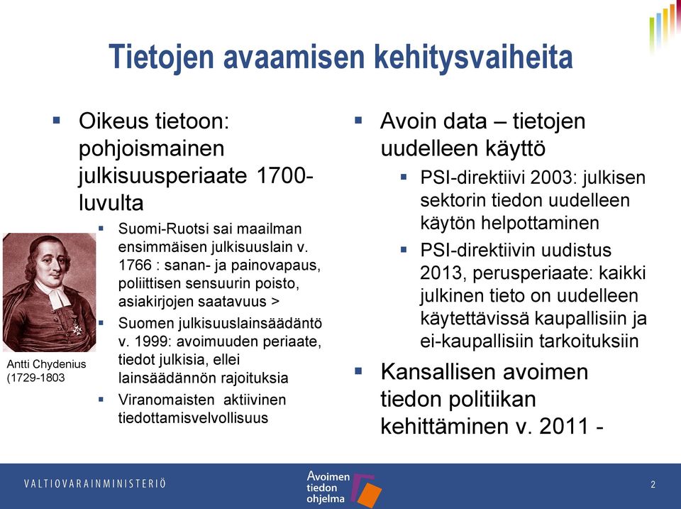 1999: avoimuuden periaate, tiedot julkisia, ellei lainsäädännön rajoituksia Viranomaisten aktiivinen tiedottamisvelvollisuus Avoin data tietojen uudelleen käyttö PSI-direktiivi 2003: